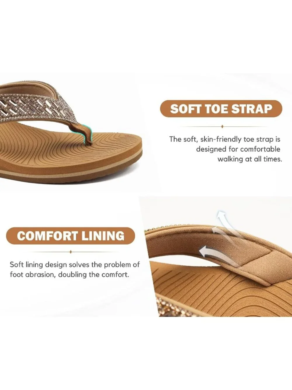 Women's Khaki Comfortable Rhinestone Support Casual Flip Flops Stylish Sandals
